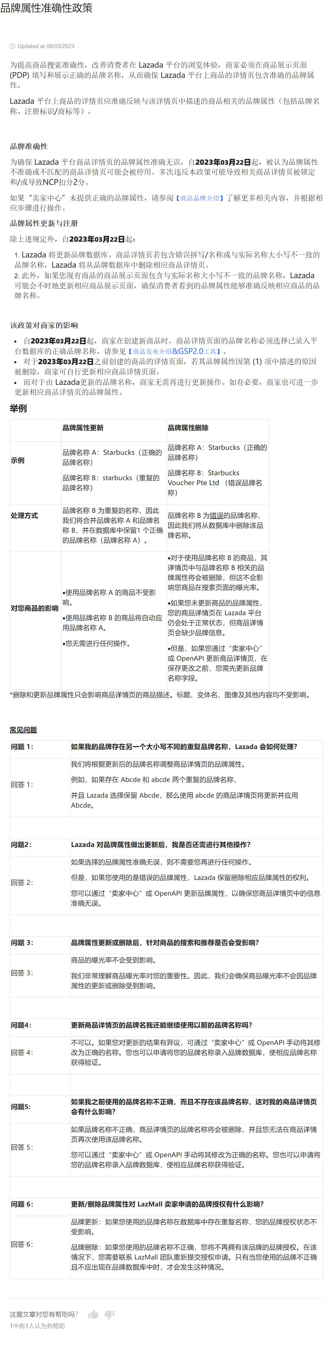 【Lazada知识大纲更新】品牌属性准确性政策