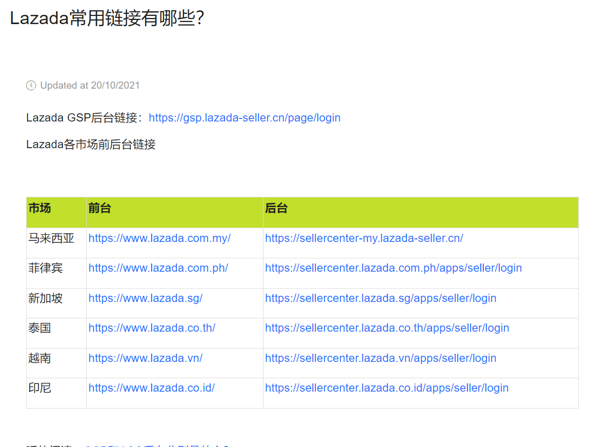 【Lazada知识大纲更新】Lazada常用链接