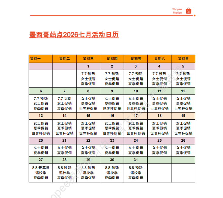 【2026年7月第1周】虾皮墨西哥站：7 月活动排期、世界杯营销、返校季预热
