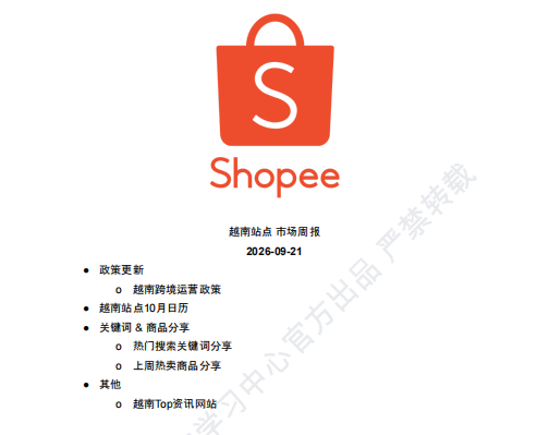 【2026年9月第4周】虾皮越南站：版权侵权扣分如何规避？Shopee 越南站热搜关键词热销品周报指南
