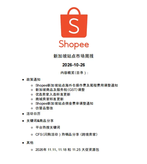 【2026年10月第4周】虾皮新加坡站：Q4 大促资源包怎么拿？Shopee 新加坡站点 10‑11 月活动排期选品周报指南
